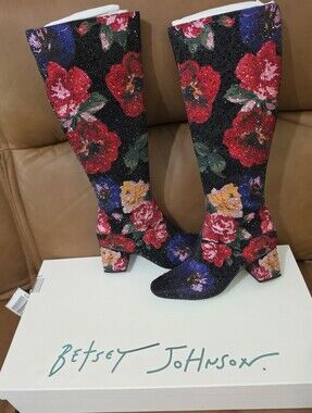 Betsey Johnson Embellished Black Floral Knee-High Boot Size 8 NEW